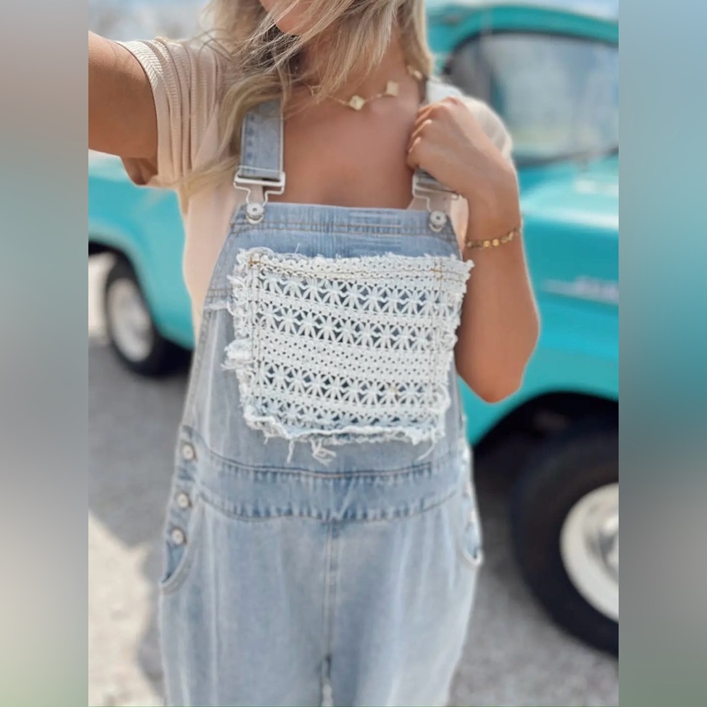 NWT POL Boho Patchwork Crochet Jean Denim Overalls - Picture 6 of 15